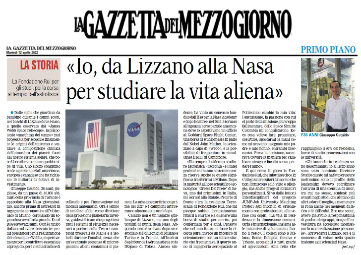 Giuseppe Cataldo da Lizzano alla NASA per studiare la vita aliena